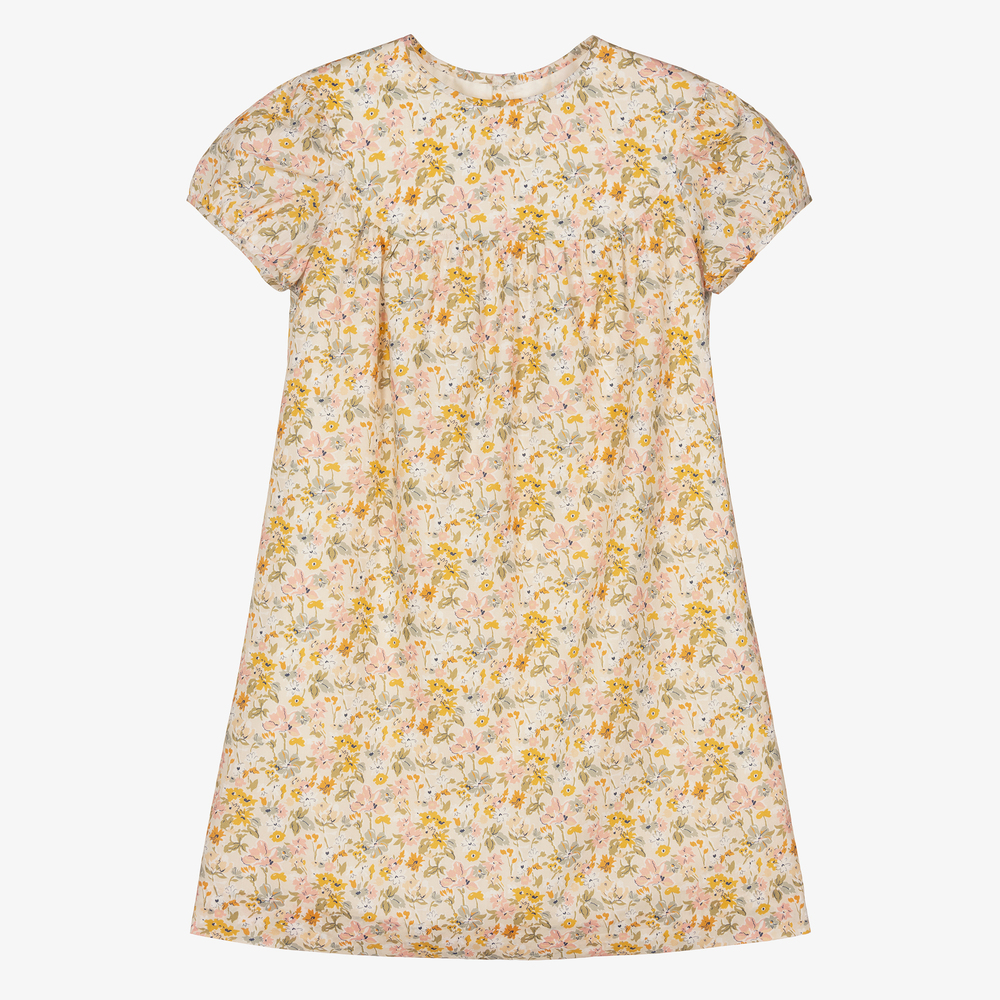 Bonpoint - فستان تينز بناتي قطن عضوي لون عاجي بطبعة ورود  | Childrensalon
