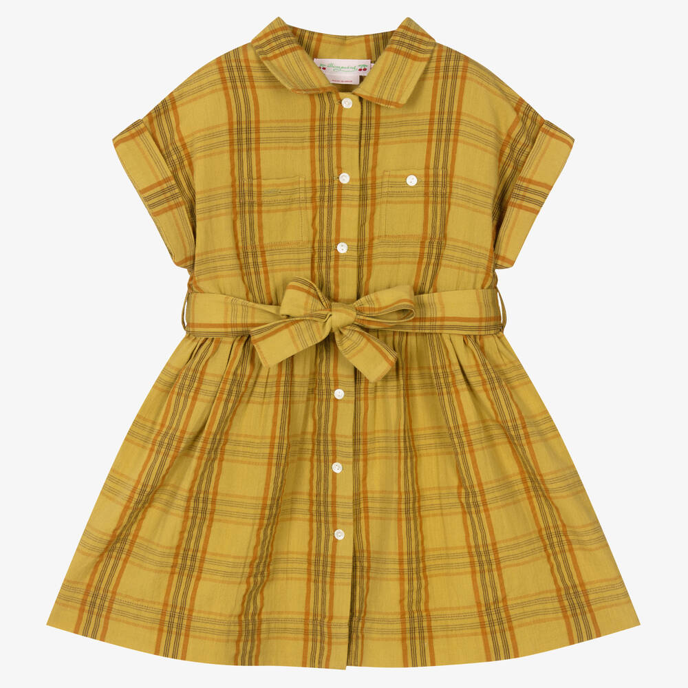 Bonpoint - Желтое хлопковое платье в клетку  | Childrensalon