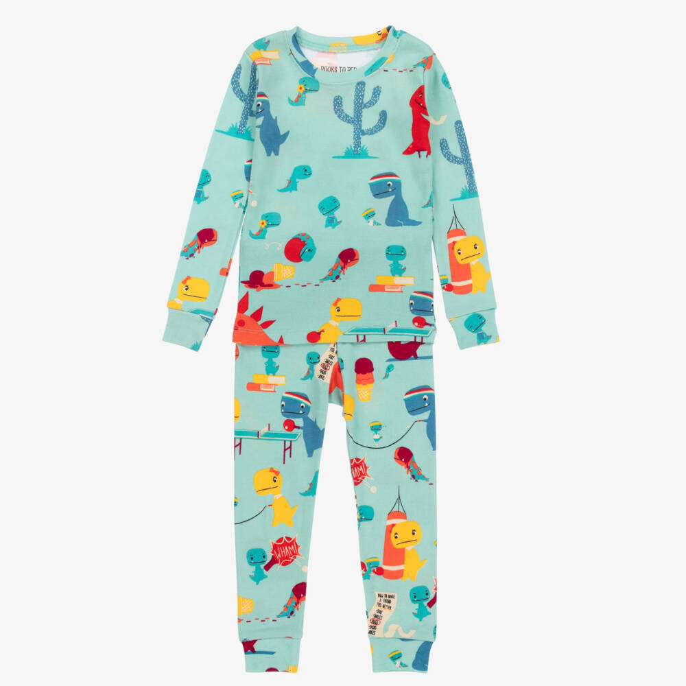 Books to Bed-Boys Green Cotton Dino Pyjamas & Book Set | Childrensalon Outlet