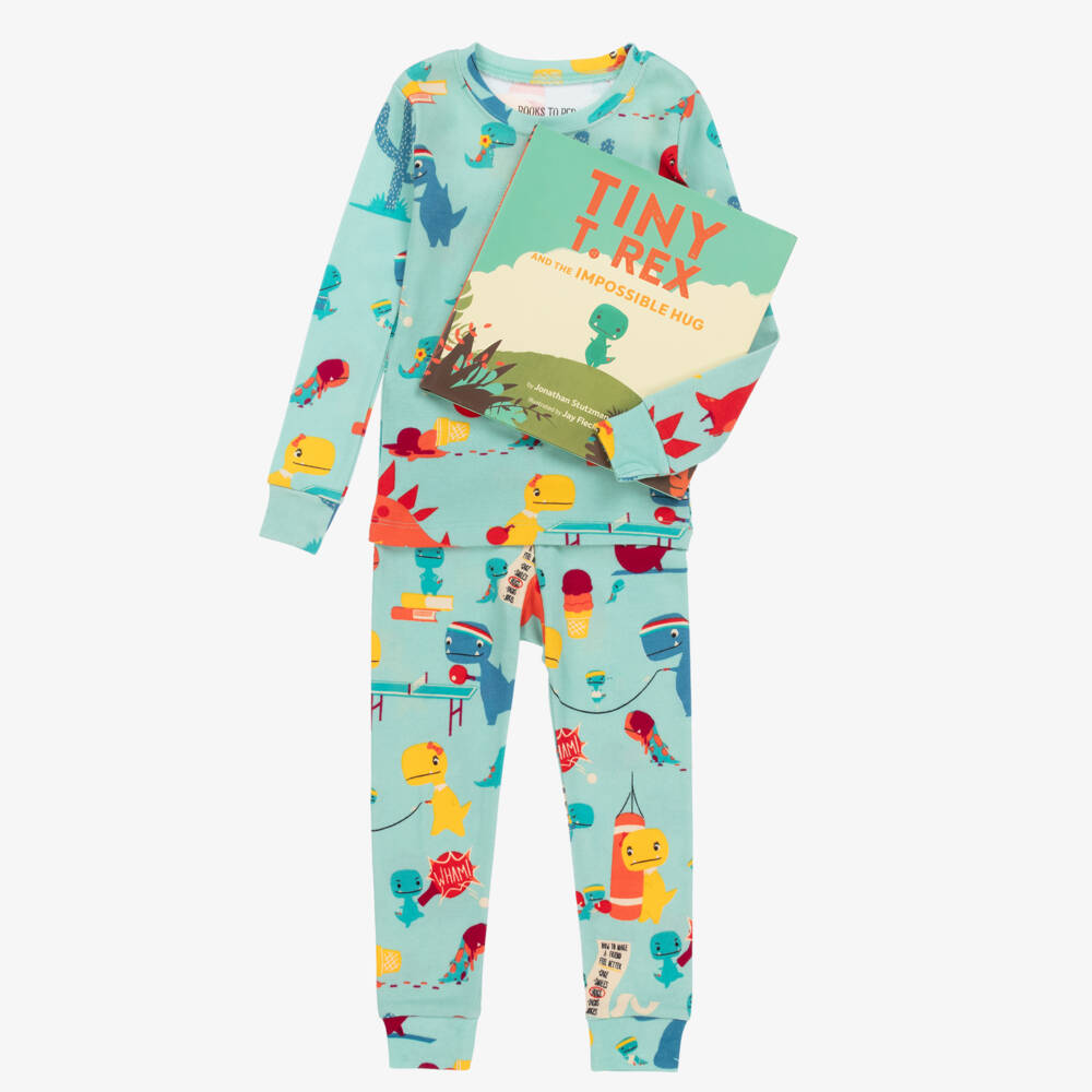 Books to Bed-Boys Green Cotton Dino Pyjamas & Book Set | Childrensalon Outlet