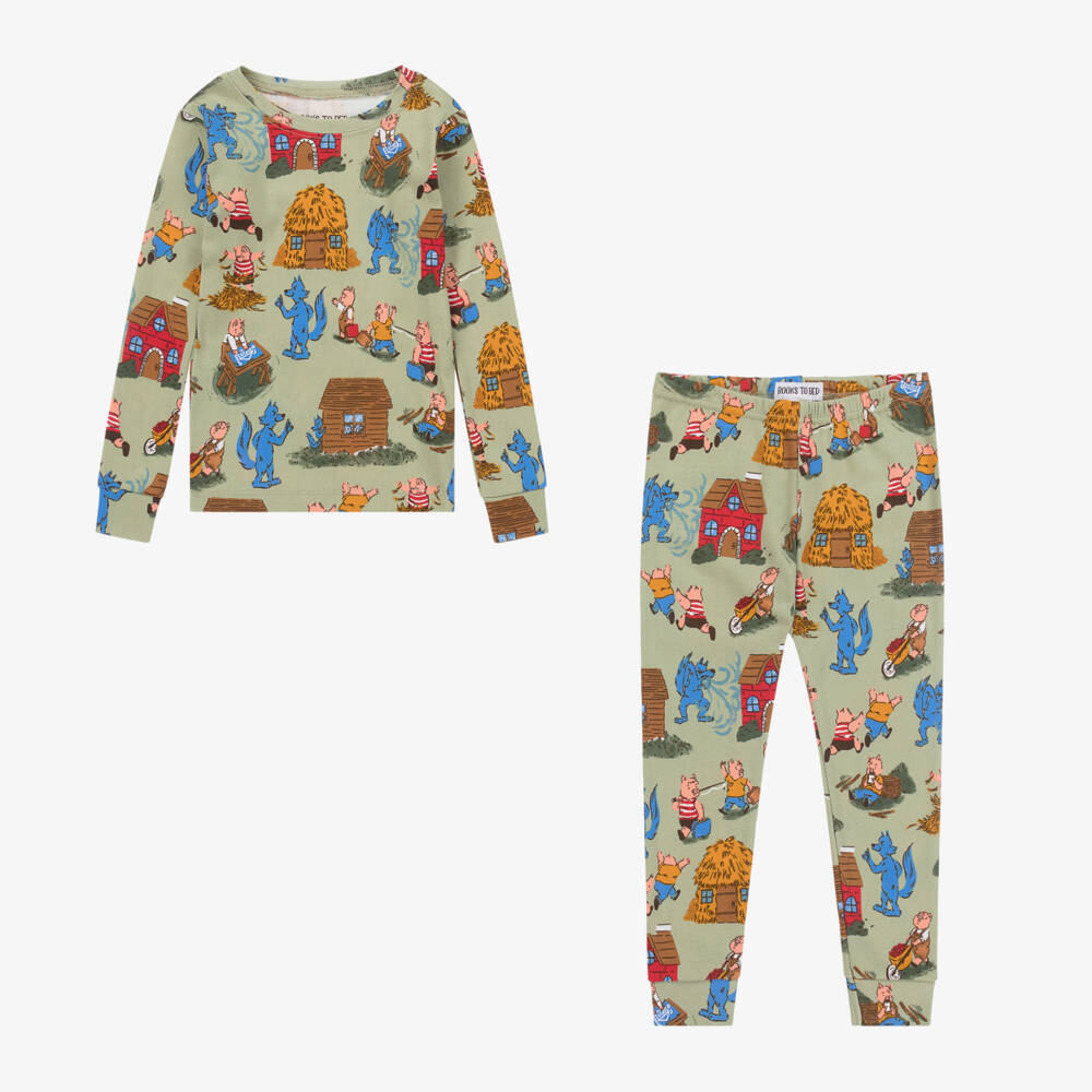 Books to Bed-Green Three Little Pigs Cotton Pyjamas & Book Set | Childrensalon Outlet