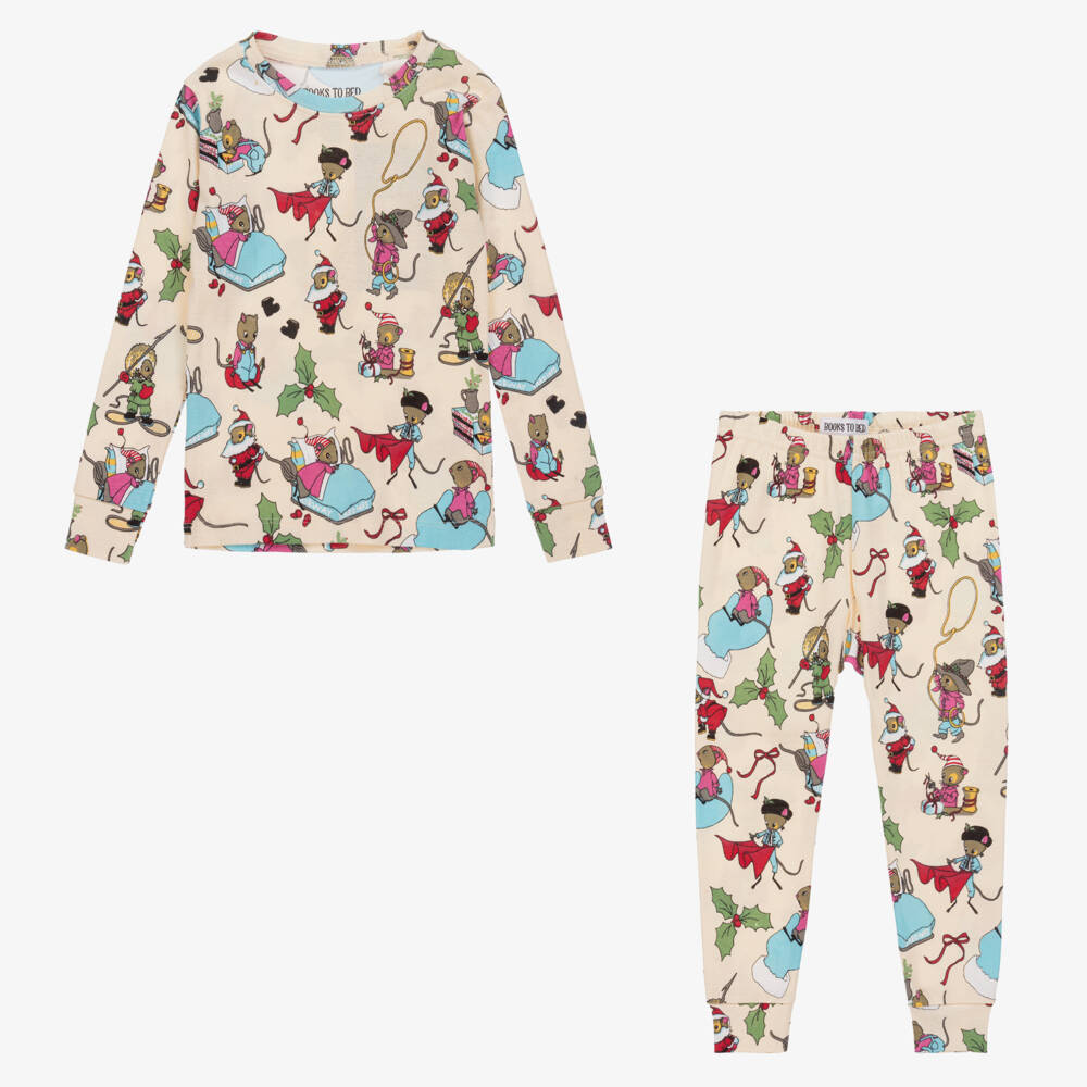 Books to Bed-طقم هدية بيجاما سانتا ماوس العاجي | Childrensalon Outlet