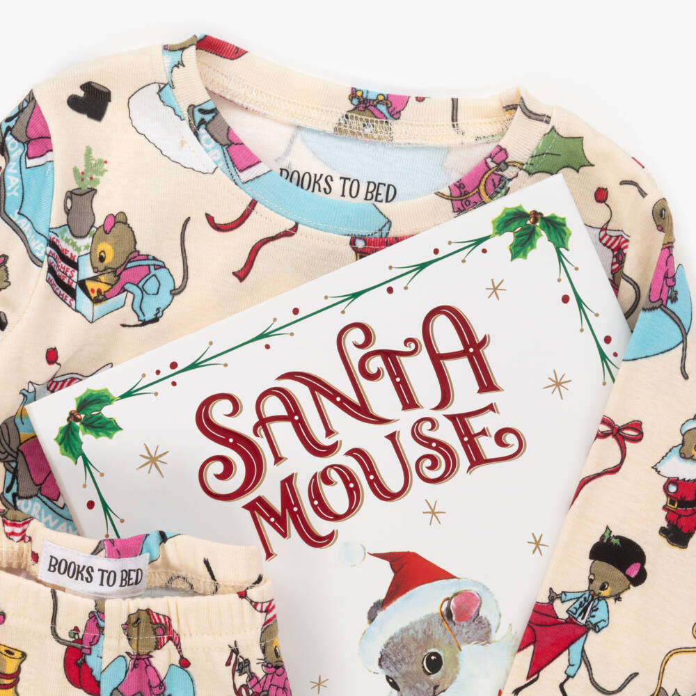 Books to Bed-طقم هدية بيجاما سانتا ماوس العاجي | Childrensalon Outlet