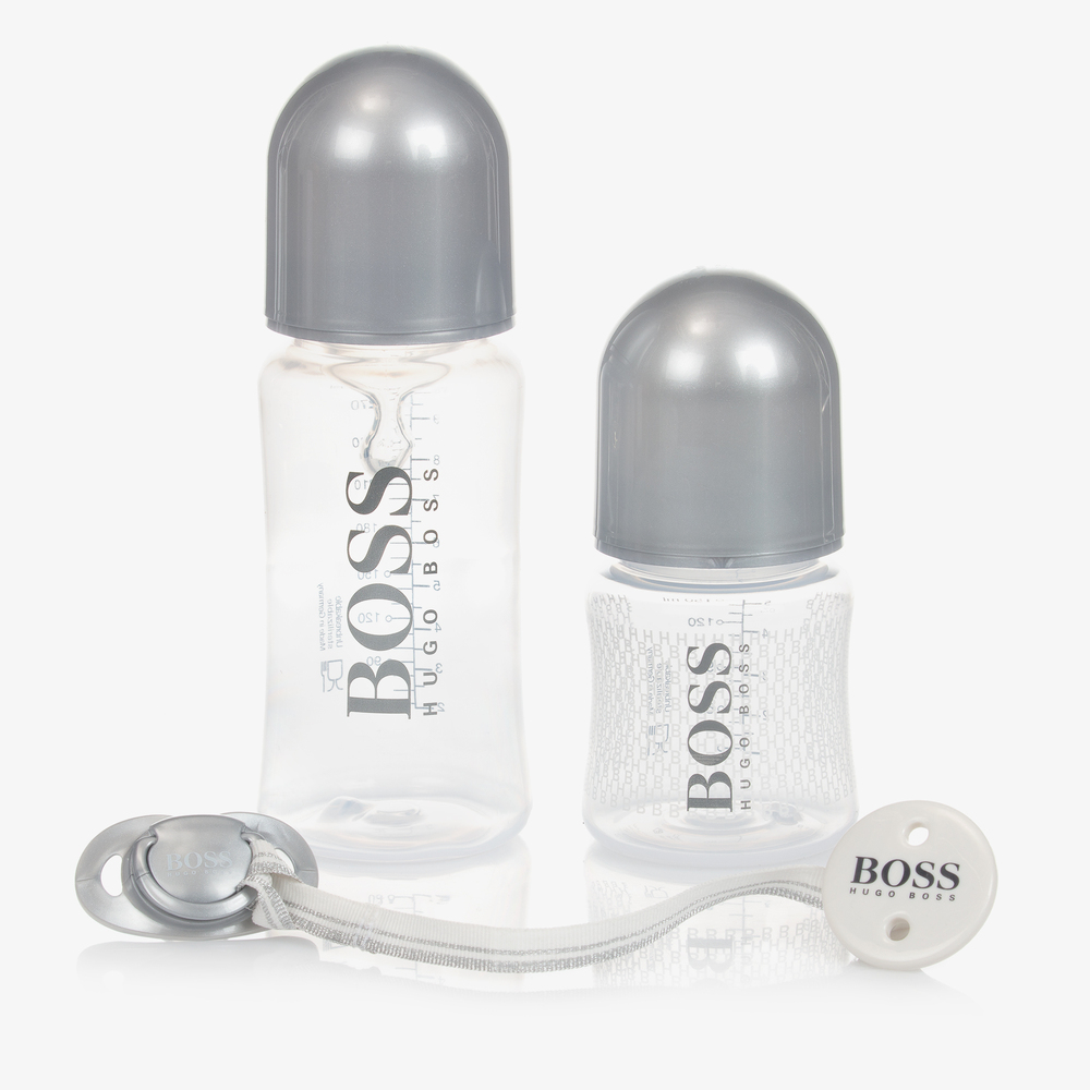 BOSS - طقم زجاجات رضاعة ومصّاصة لون فضي (4 قطع) | Childrensalon