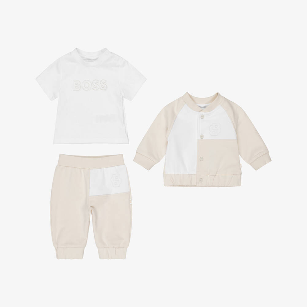BOSS-Baby Boys Beige Cotton Double B Tracksuit Set | Childrensalon Outlet