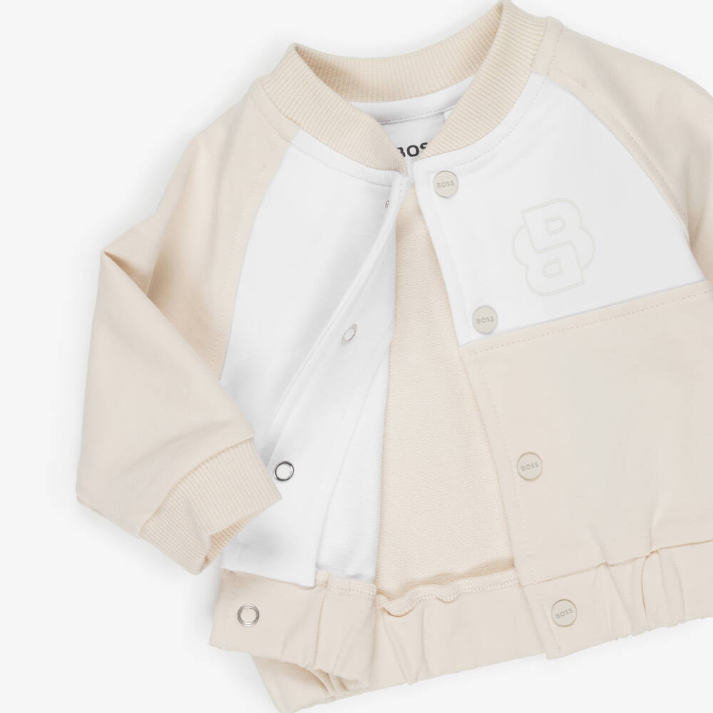 BOSS-Baby Boys Beige Cotton Double B Tracksuit Set | Childrensalon Outlet