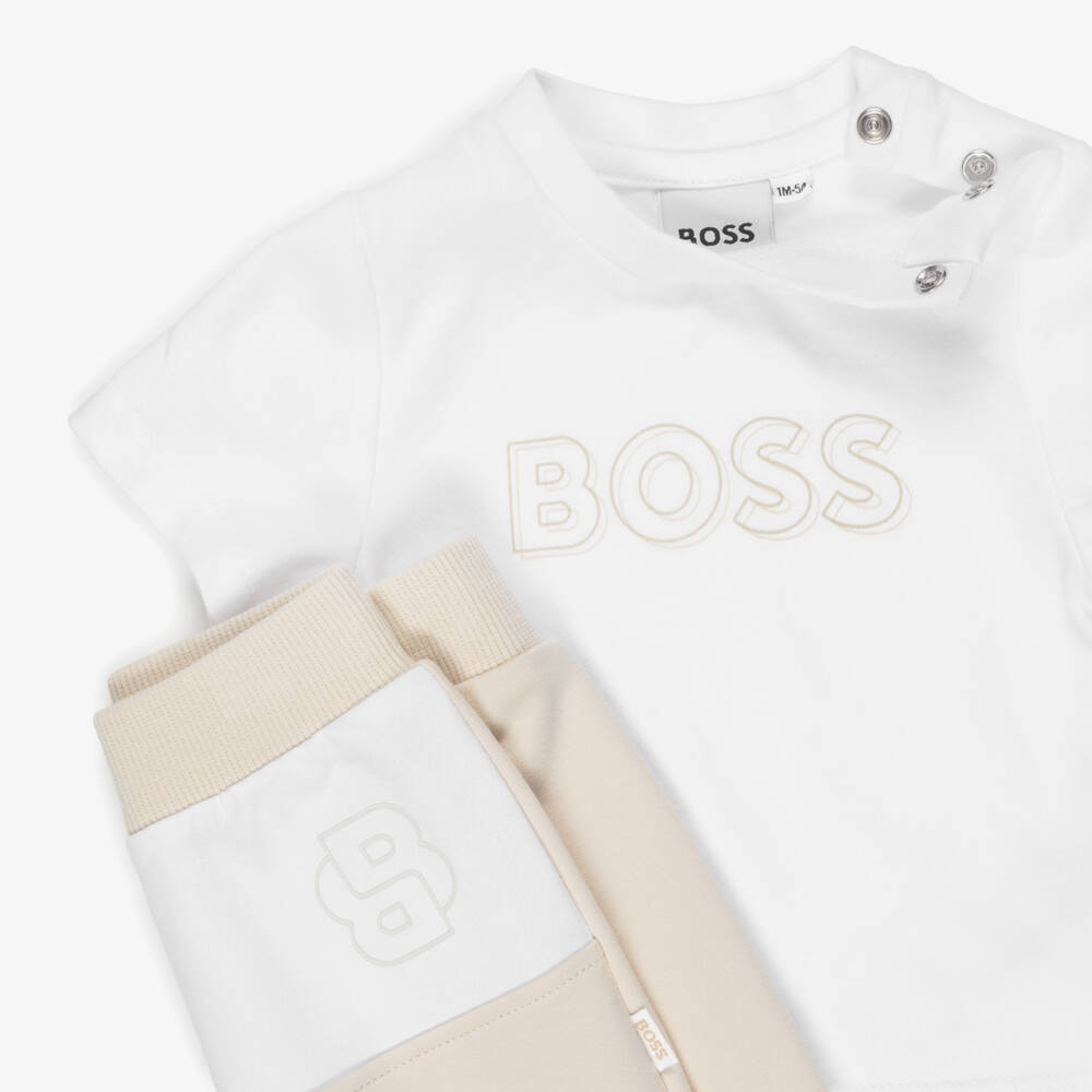 BOSS-Baby Boys Beige Cotton Double B Tracksuit Set | Childrensalon Outlet