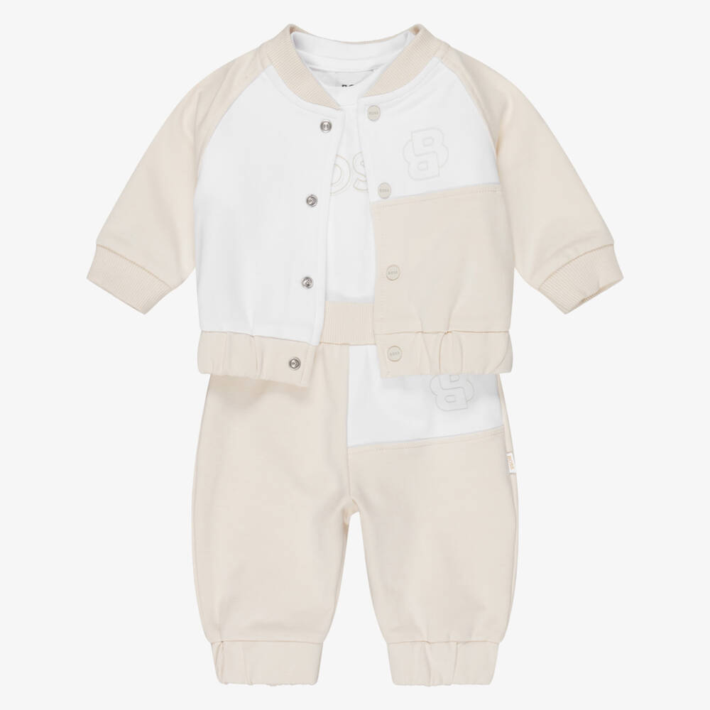 BOSS-Baby Boys Beige Cotton Double B Tracksuit Set | Childrensalon Outlet
