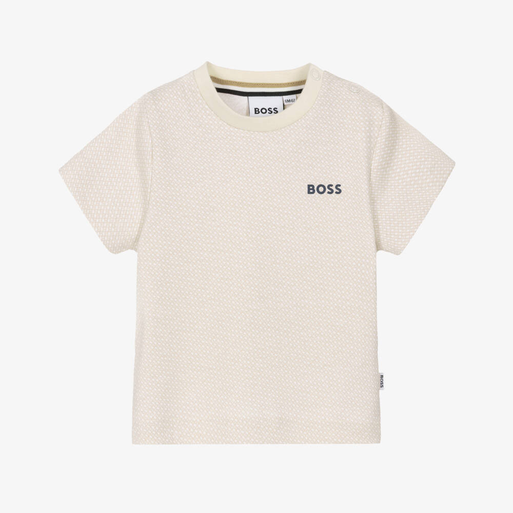 BOSS-Baby Boys Beige Cotton Jersey Monogram Logo T-Shirt | Childrensalon Outlet