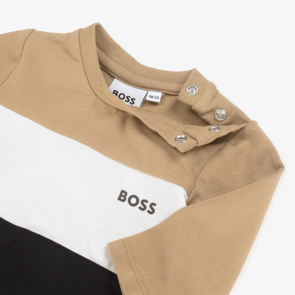 BOSS-Baby Boys Beige Cotton Tracksuit Set With Tricolour Trims | Childrensalon Outlet