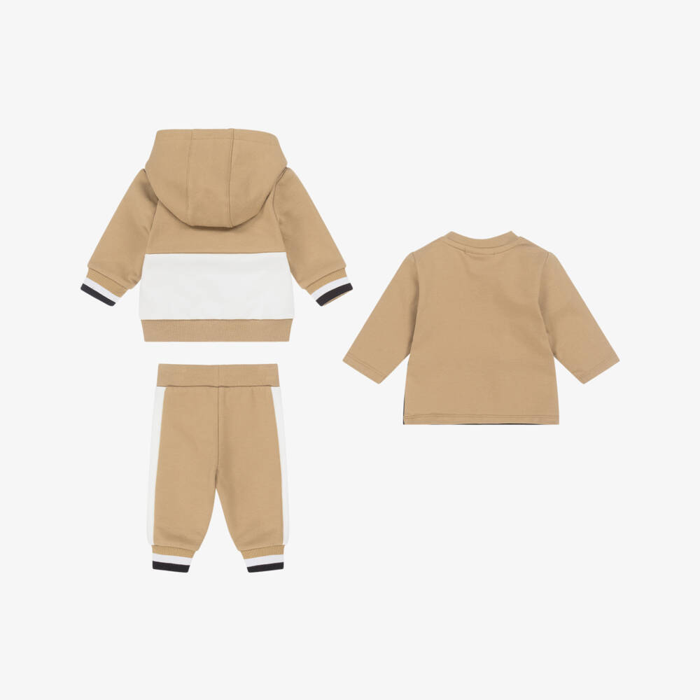 BOSS-Baby Boys Beige Cotton Tracksuit Set With Tricolour Trims | Childrensalon Outlet