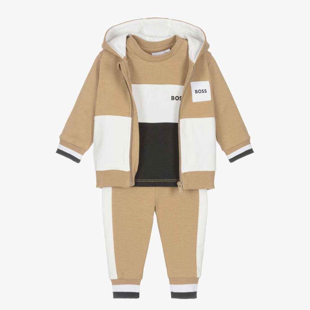 BOSS-Baby Boys Beige Cotton Tracksuit Set With Tricolour Trims | Childrensalon Outlet