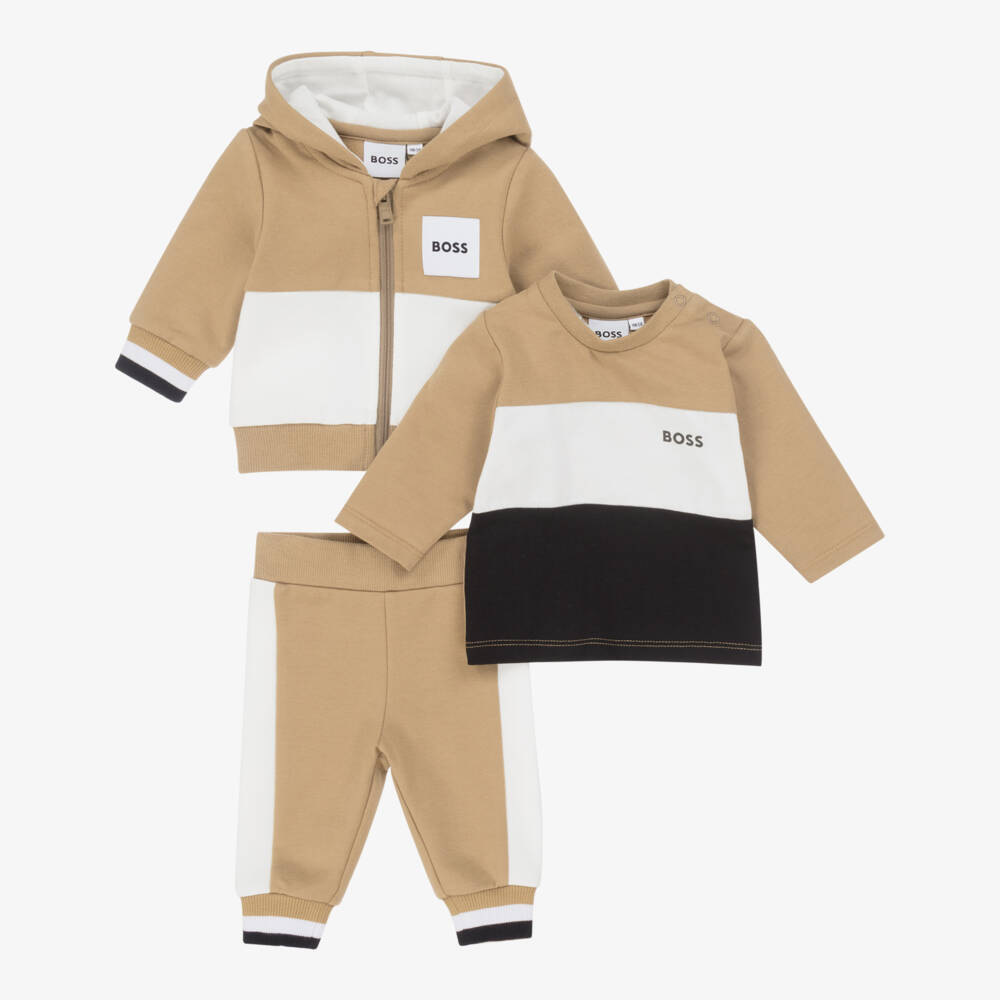 BOSS-Baby Boys Beige Cotton Tracksuit Set With Tricolour Trims | Childrensalon Outlet