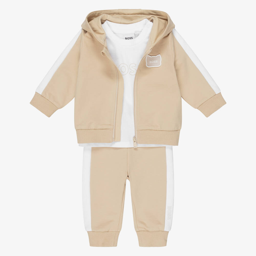 BOSS-Baby Boys Beige Hooded Tracksuit Set | Childrensalon Outlet