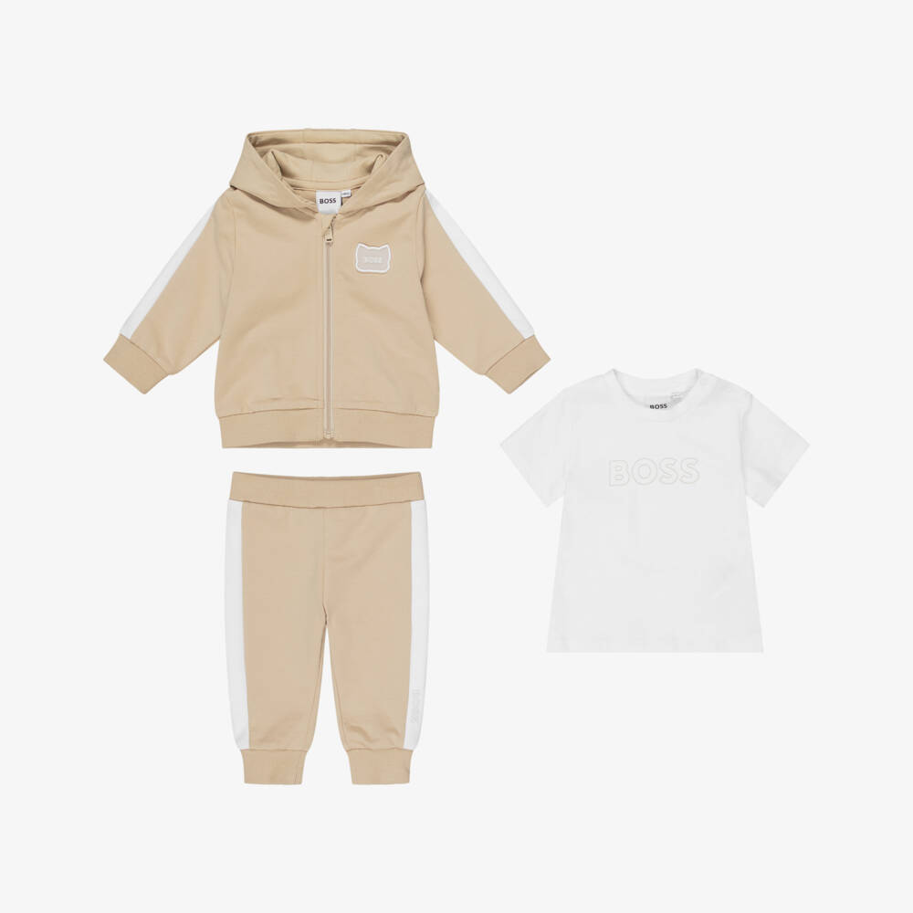 BOSS-Baby Boys Beige Hooded Tracksuit Set | Childrensalon Outlet
