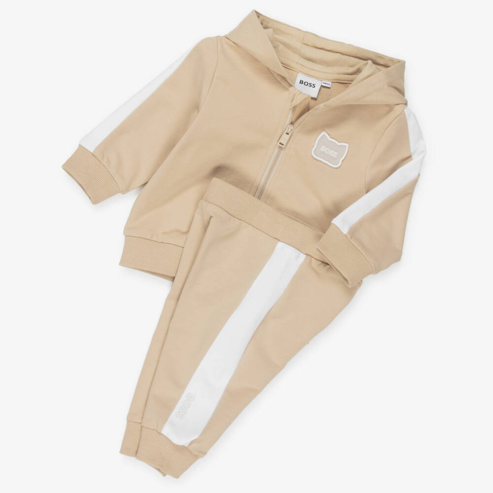 BOSS-Baby Boys Beige Hooded Tracksuit Set | Childrensalon Outlet