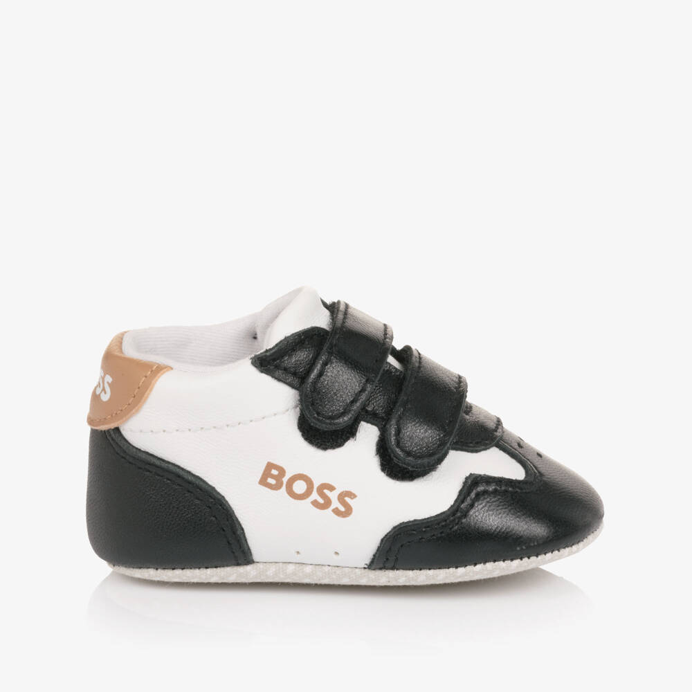 BOSS-Черно-белые кожаные пинетки | Childrensalon Outlet