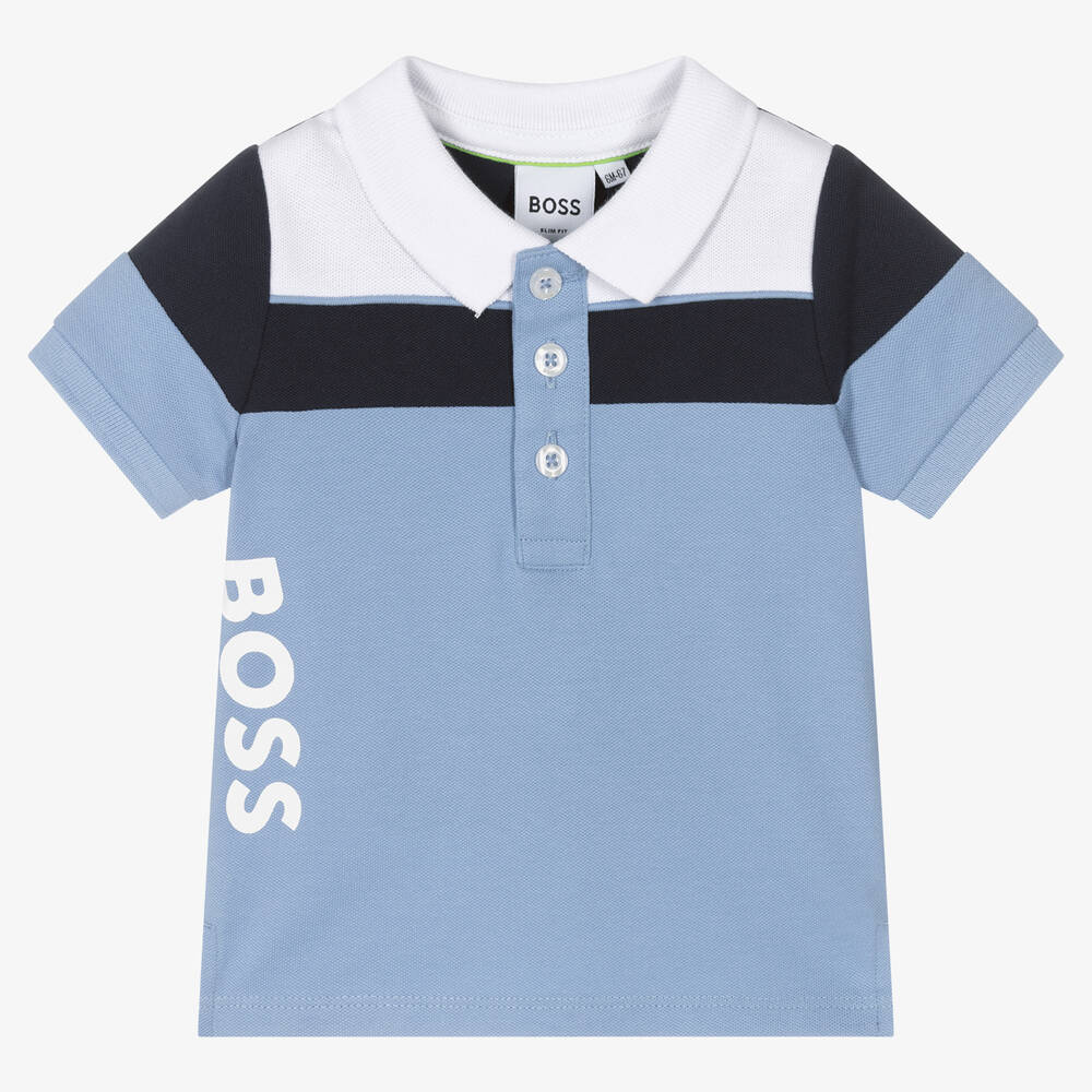 BOSS - Baby Boys Blue Cotton Logo Polo Shirt | Childrensalon