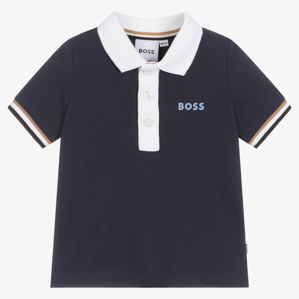 BOSS - Baby Boys Blue Cotton Piqué Logo Polo Shirt | Childrensalon