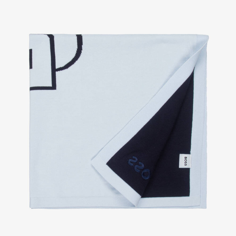 BOSS-Baby Boys Blue Double B Monogram Cotton Blanket (75cm) | Childrensalon Outlet