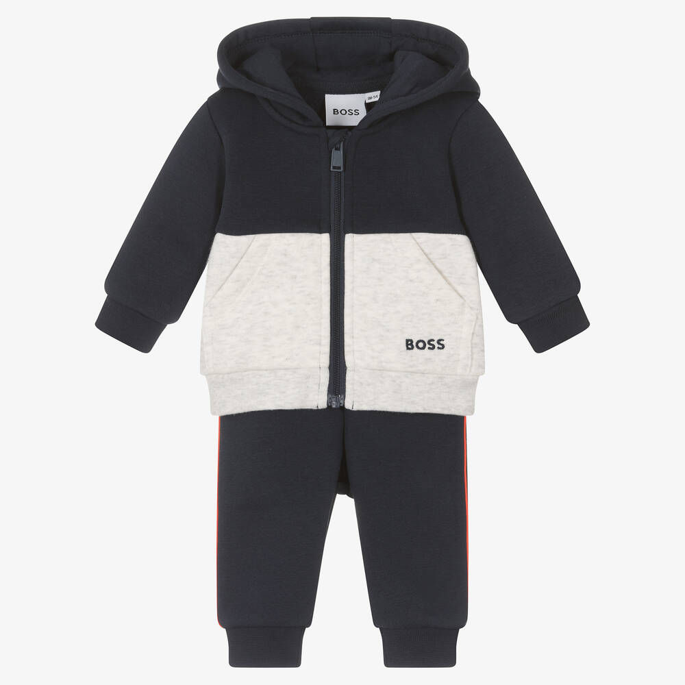 BOSS - Baby Boys Blue & Grey Cotton Tracksuit | Childrensalon