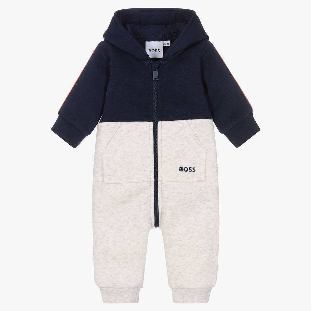 BOSS - Baby Boys Blue Hooded Romper | Childrensalon