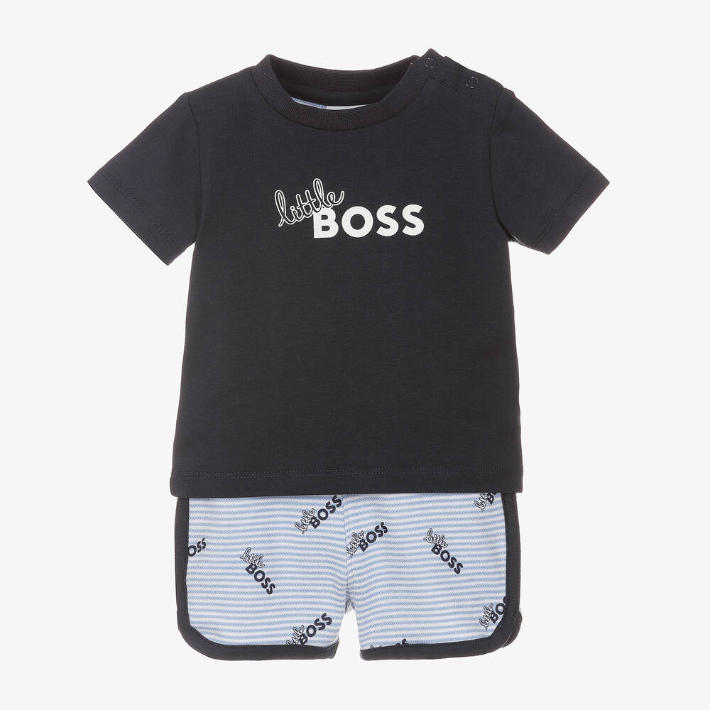 BOSS - Baby Boys Blue Logo Cotton Shorts Set | Childrensalon