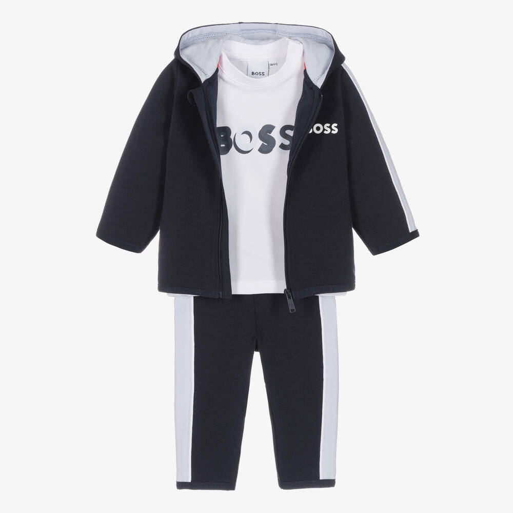 BOSS - بدلة رياضية قطن عضوي جيرسي لون كحلي وأبيض للمواليد | Childrensalon