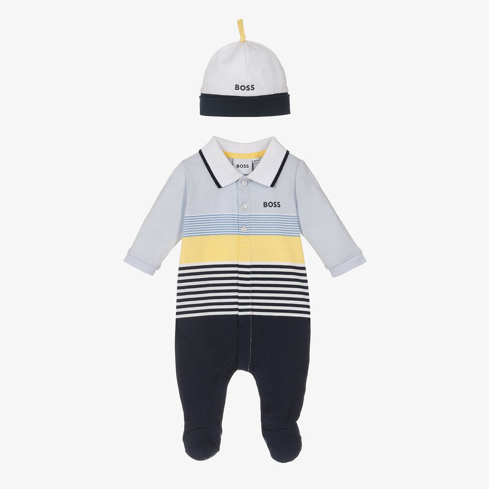 BOSS - طقم بيبي غرو وقبعة قطن لون أزرق للمواليد | Childrensalon
