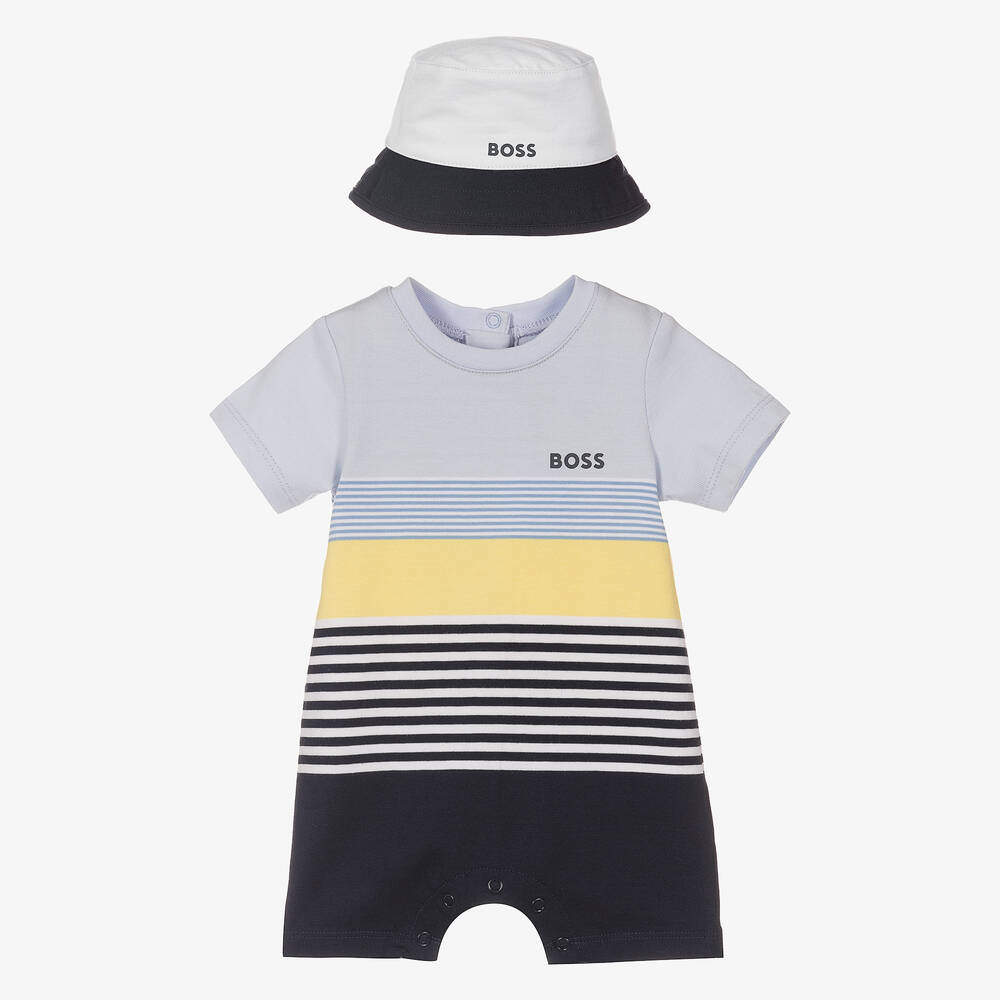 BOSS - طقم تبّان وقبعة قطن لون أزرق للمواليد | Childrensalon