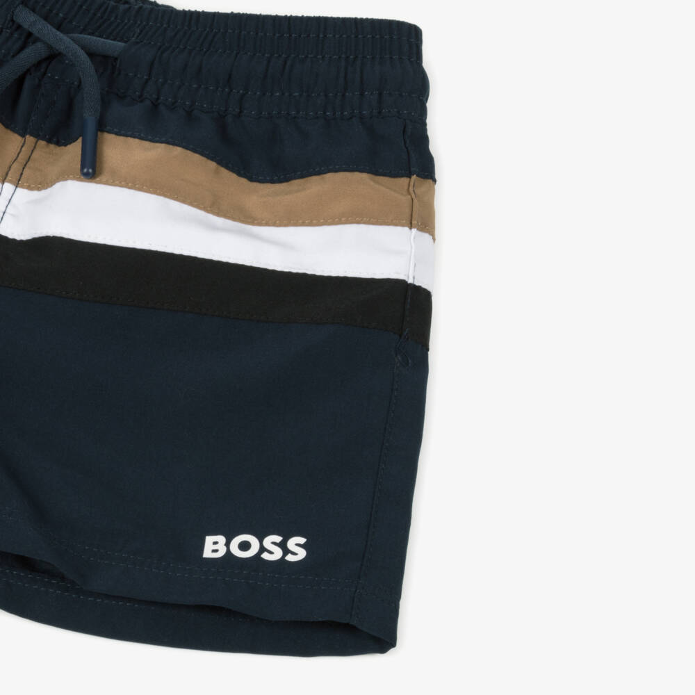 BOSS-Baby Boys Blue Tricolour Stripe Swim Shorts | Childrensalon Outlet
