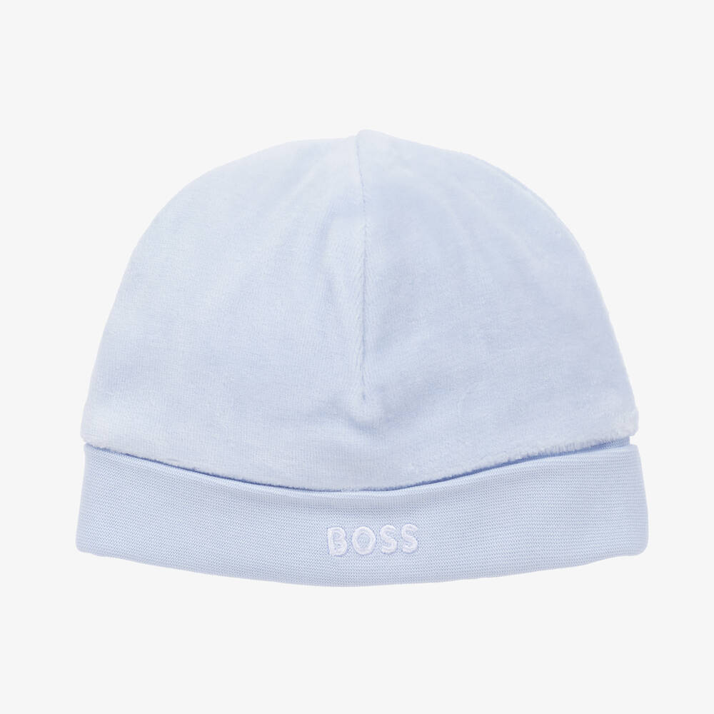BOSS - قبعة مزيج قطن عضوي قطيفة لون أزرق للمواليد | Childrensalon
