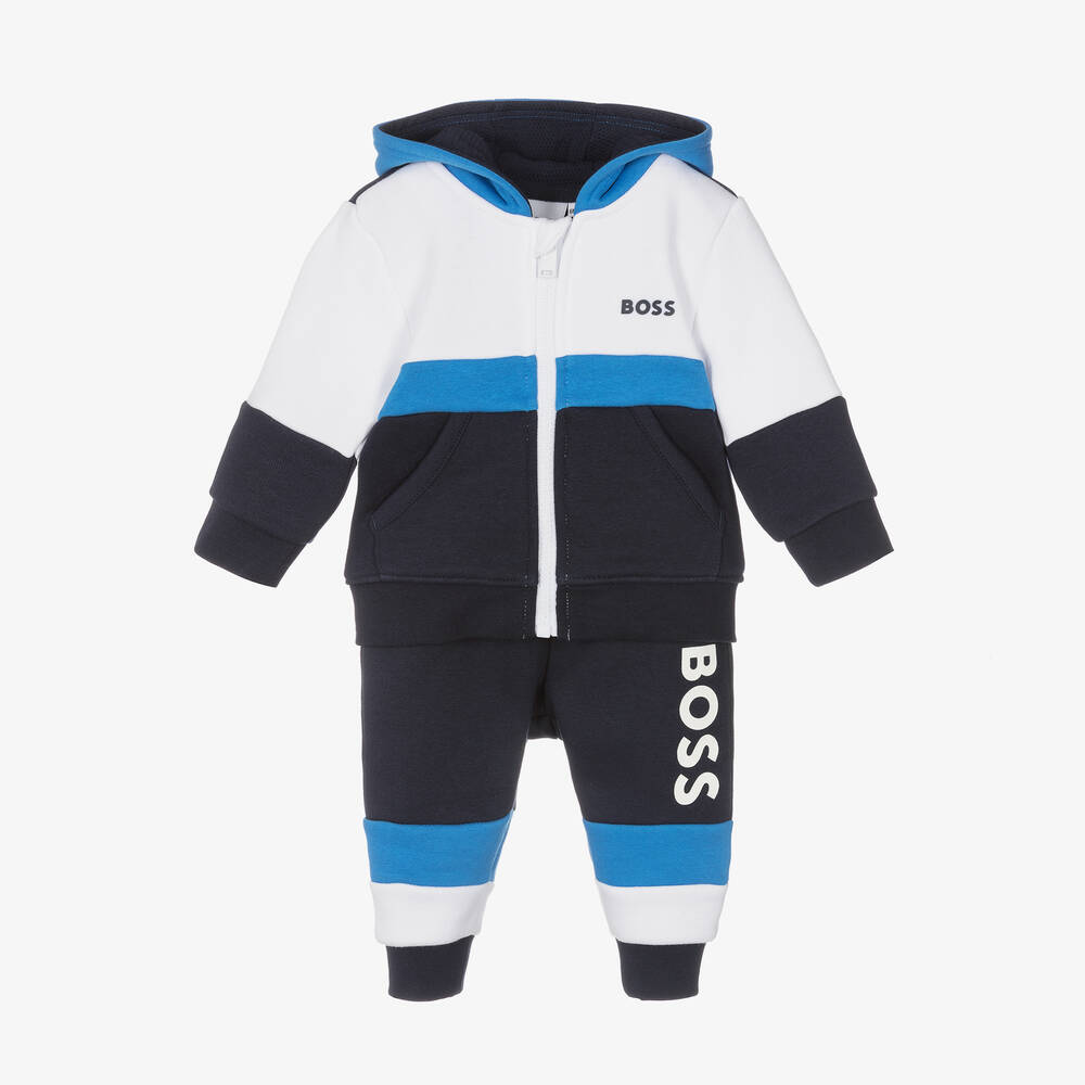 BOSS - بدلة رياضية أطفال ولادي قطن جيرسي لون أزرق وأبيض | Childrensalon