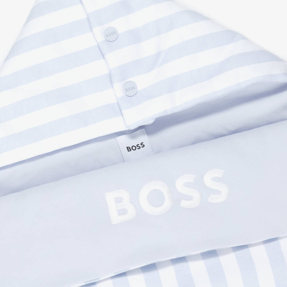 BOSS-Baby Boys Blue & White Stripe Cotton Logo Nest (81cm) | Childrensalon Outlet