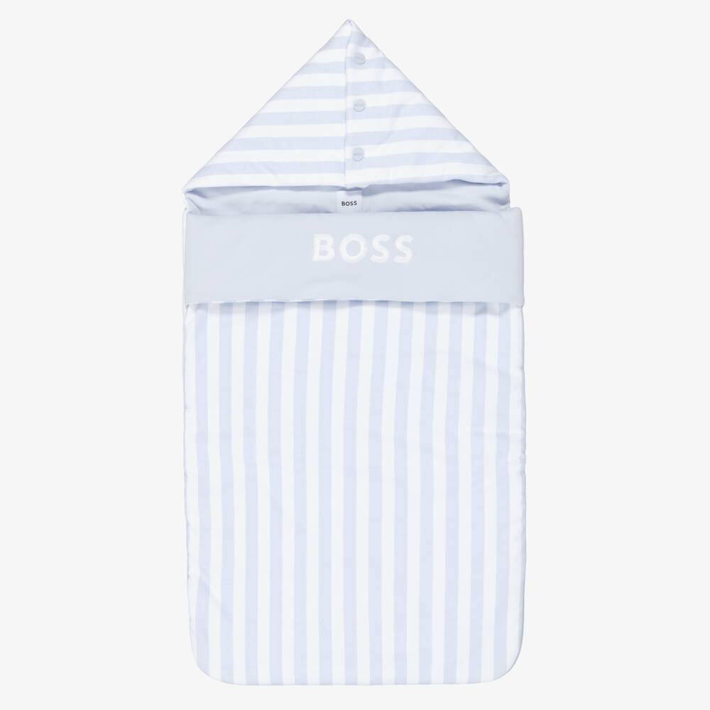 BOSS-Baby Boys Blue & White Stripe Cotton Logo Nest (81cm) | Childrensalon Outlet