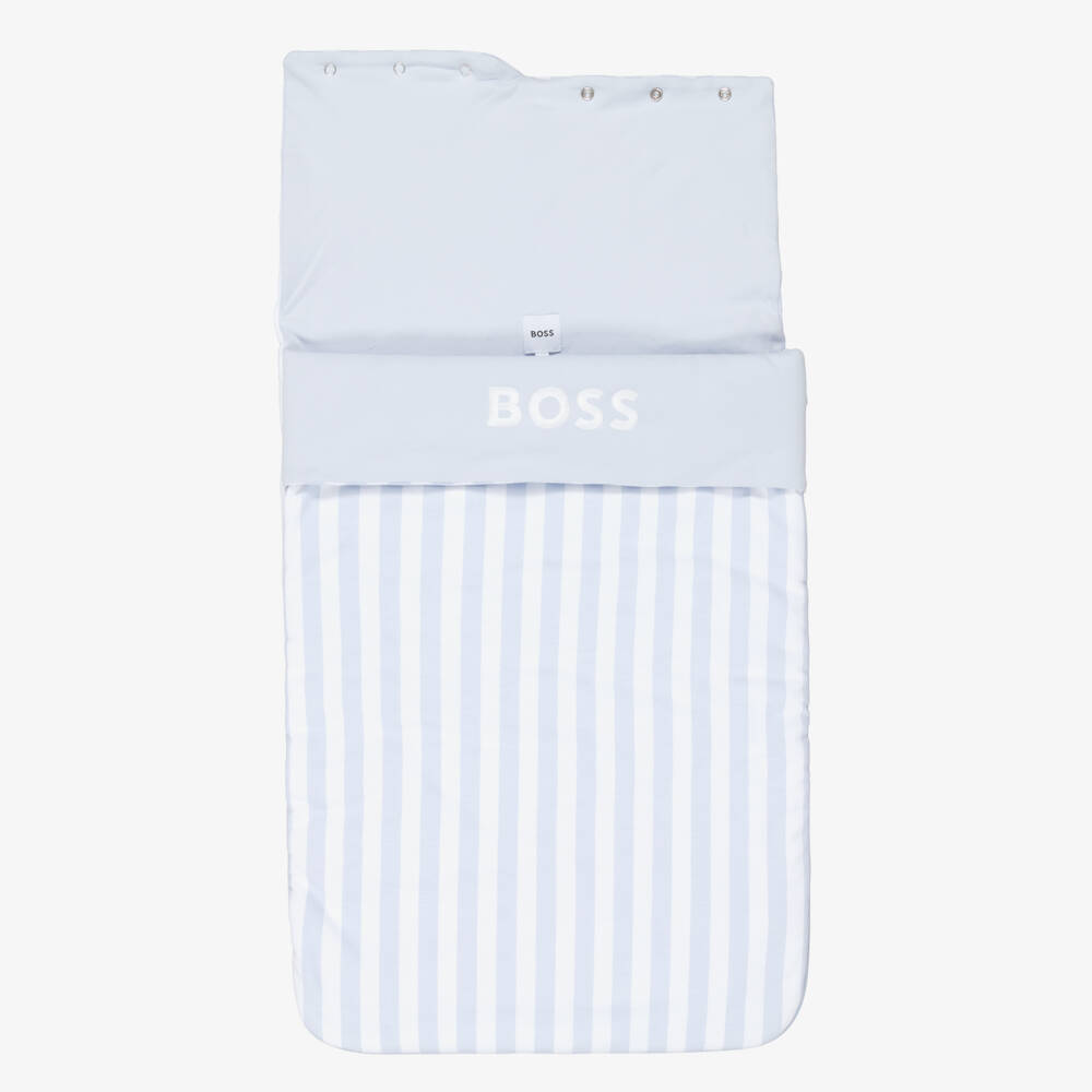 BOSS-Baby Boys Blue & White Stripe Cotton Logo Nest (81cm) | Childrensalon Outlet