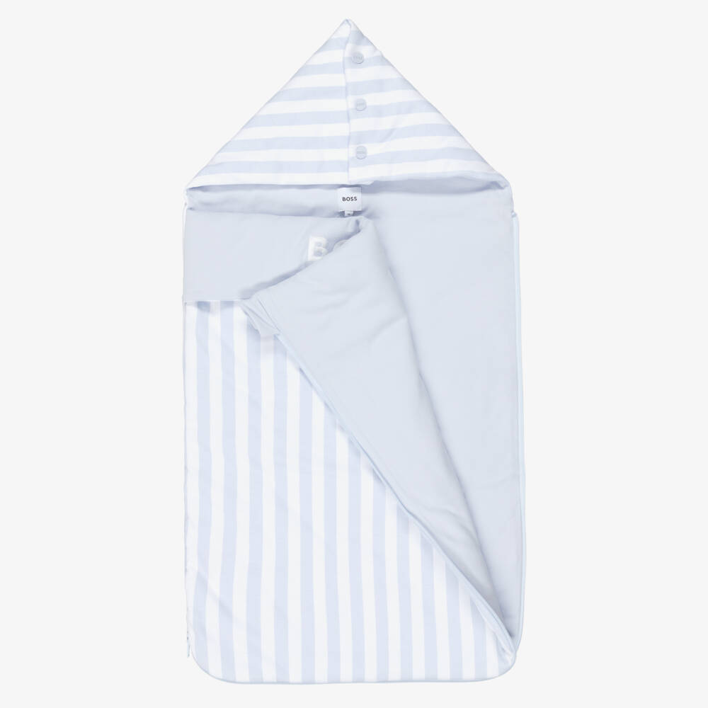 BOSS-Baby Boys Blue & White Stripe Cotton Logo Nest (81cm) | Childrensalon Outlet