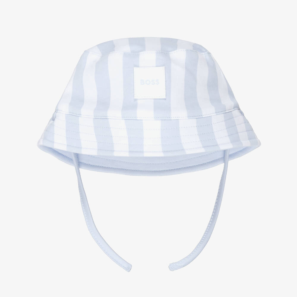 BOSS-Baby Boys Blue & White Stripe Cotton Reversible Logo Sun Hat | Childrensalon Outlet