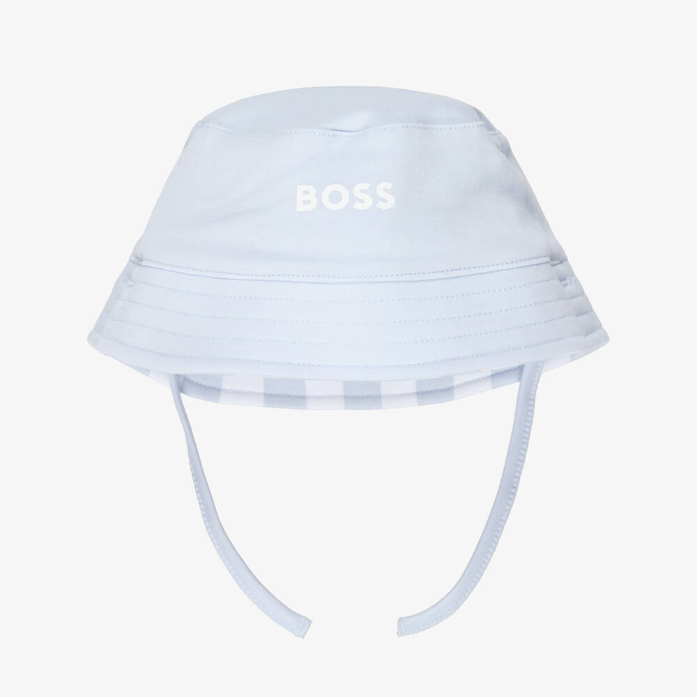 BOSS-Baby Boys Blue & White Stripe Cotton Reversible Logo Sun Hat | Childrensalon Outlet