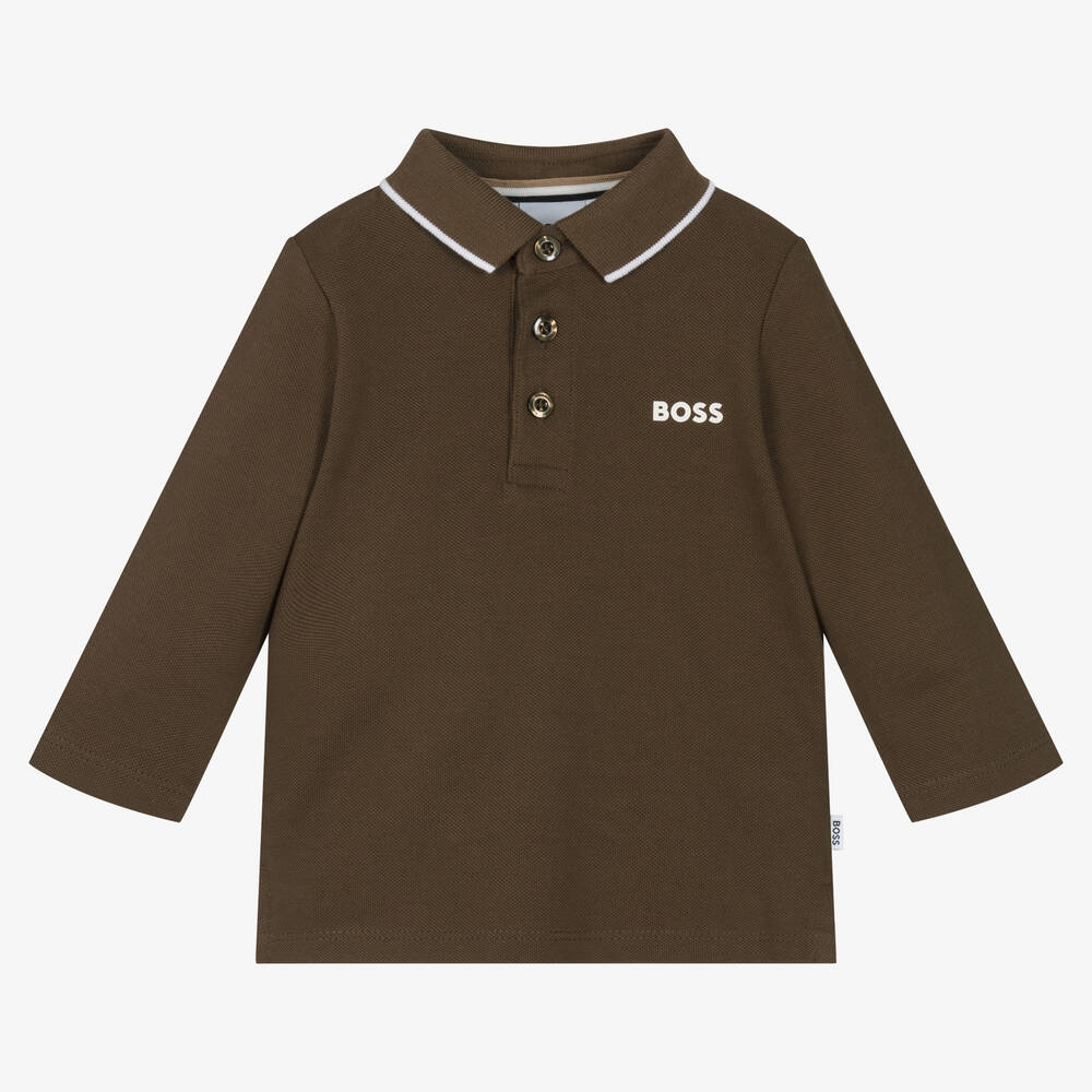 BOSS - Baby Boys Brown Cotton Polo Shirt | Childrensalon