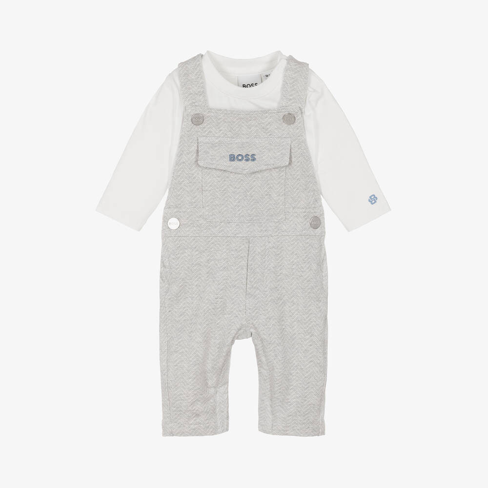 BOSS-Baby Boys Grey Cotton Dungarees Set | Childrensalon Outlet