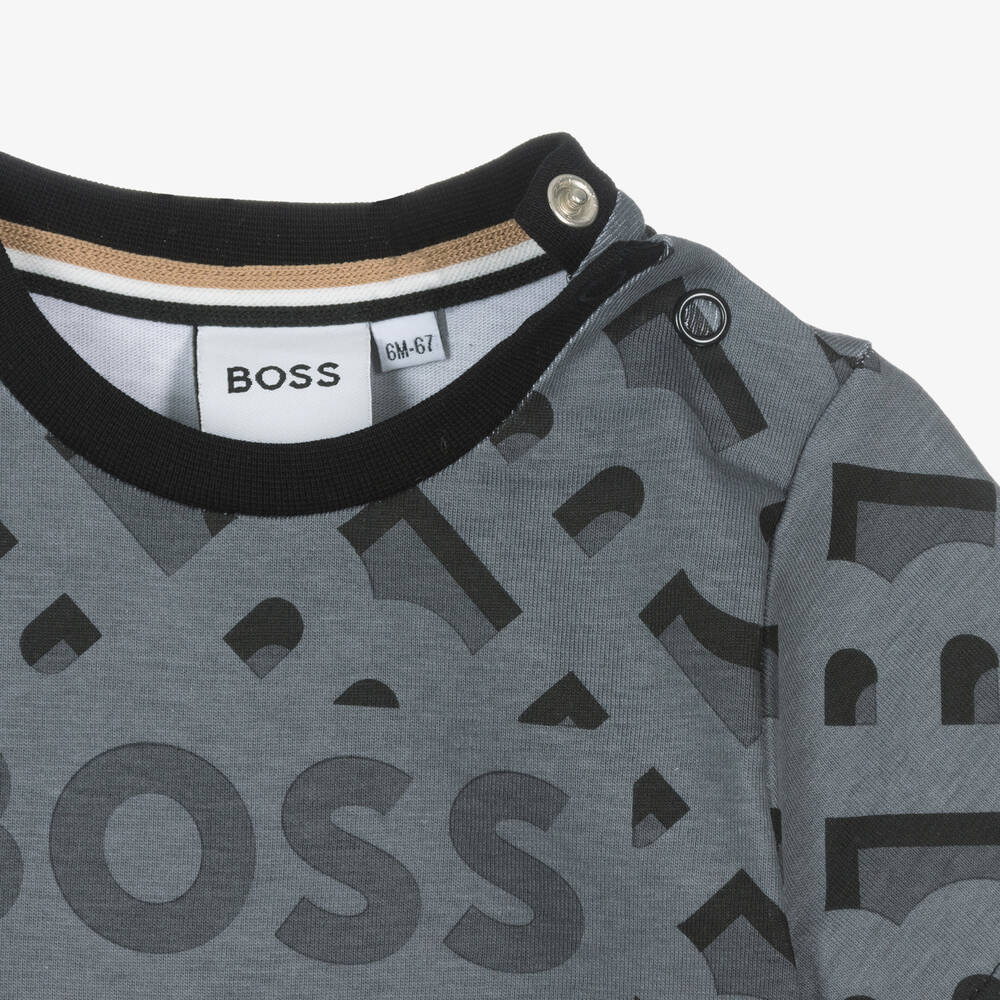 BOSS-Baby Boys Grey Cotton Monogram T-Shirt | Childrensalon Outlet