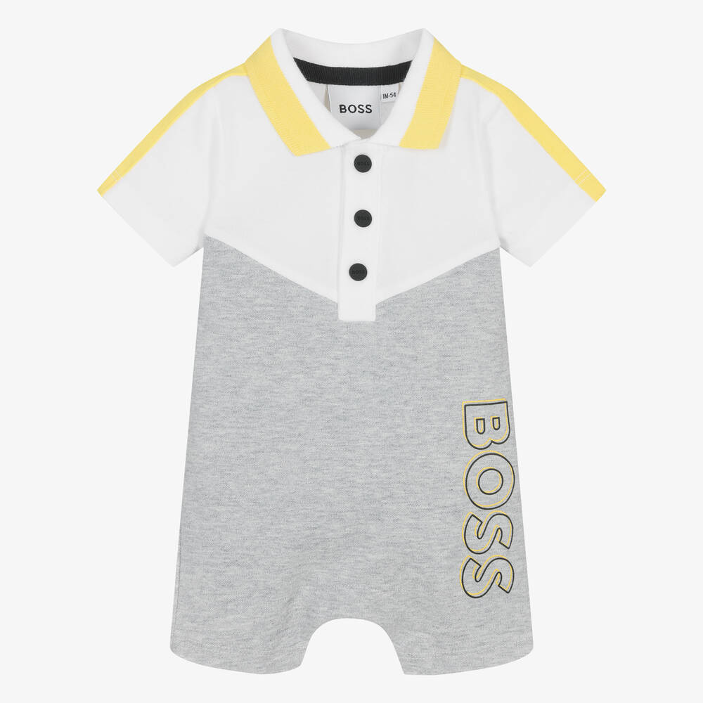 BOSS-Baby Boys Grey & White Cotton Shortie | Childrensalon Outlet