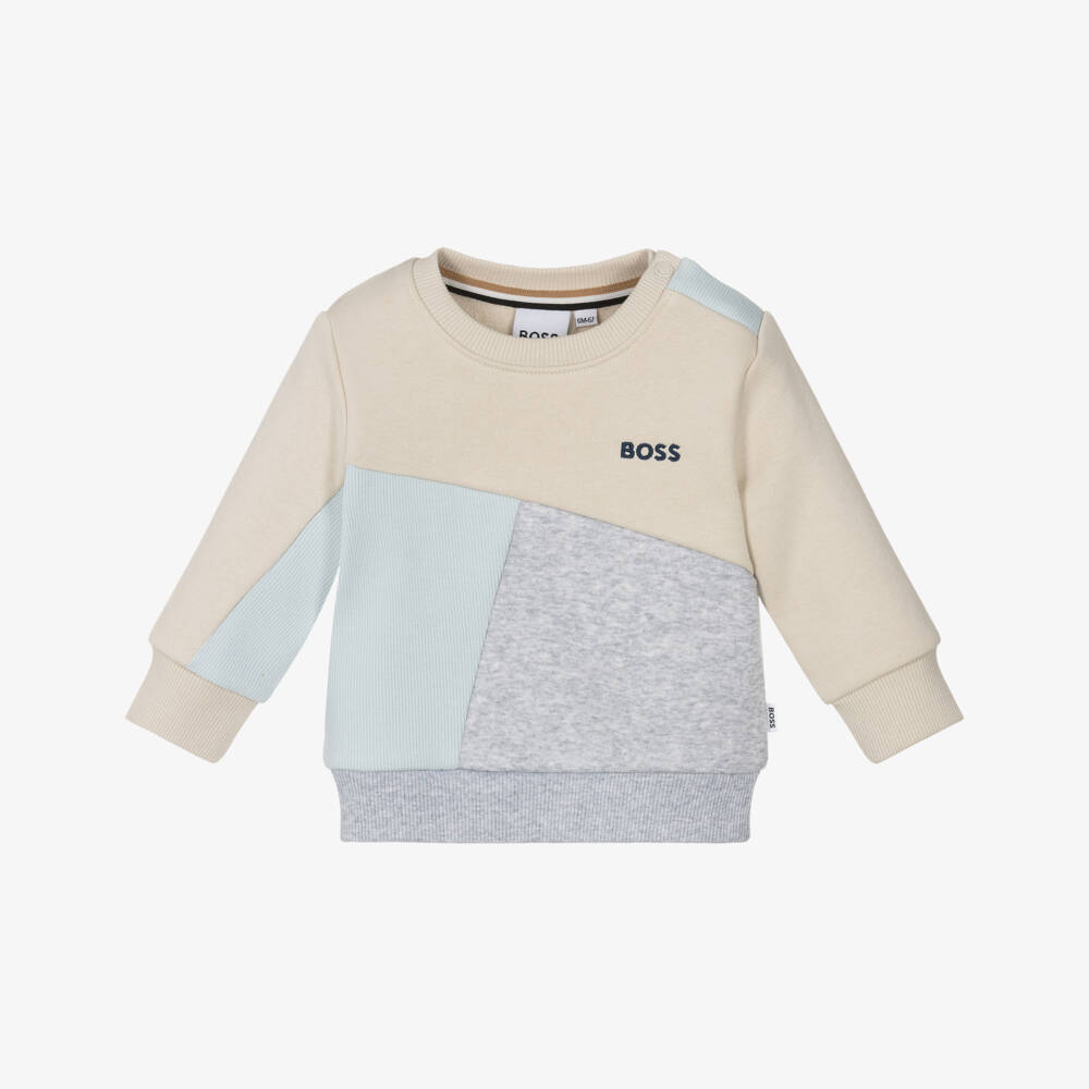BOSS-Baby Boys Ivory & Grey Colourblock Cotton Sweatshirt | Childrensalon Outlet