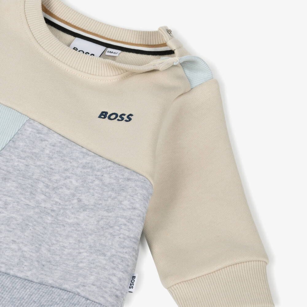 BOSS-Baby Boys Ivory & Grey Colourblock Cotton Sweatshirt | Childrensalon Outlet