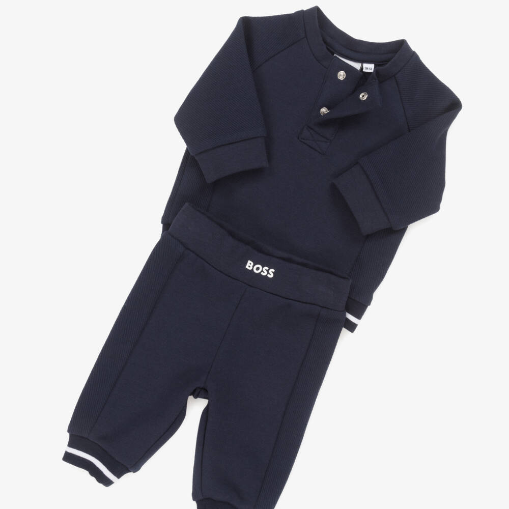 BOSS-Baby Boys Navy Blue Cotton Jersey Tracksuit with Whites Trims | Childrensalon Outlet