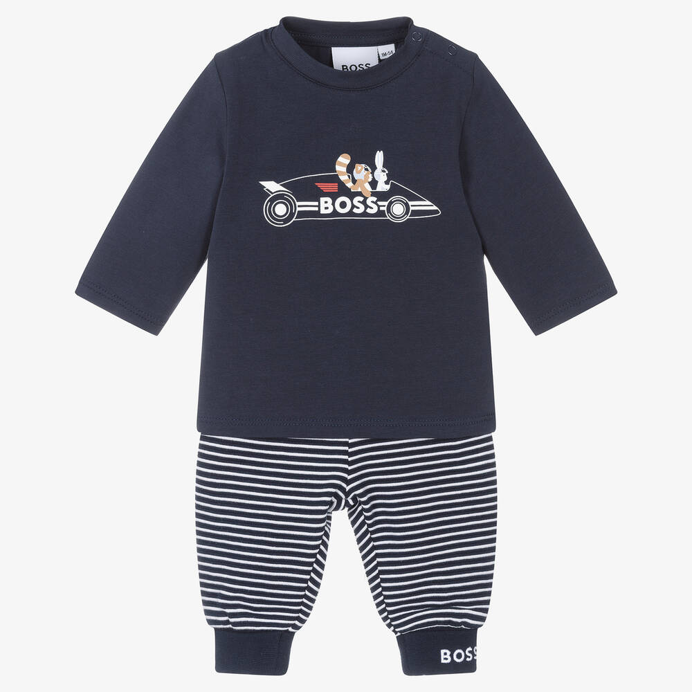 BOSS - Baby Boys Navy Blue Cotton Trouser Set | Childrensalon