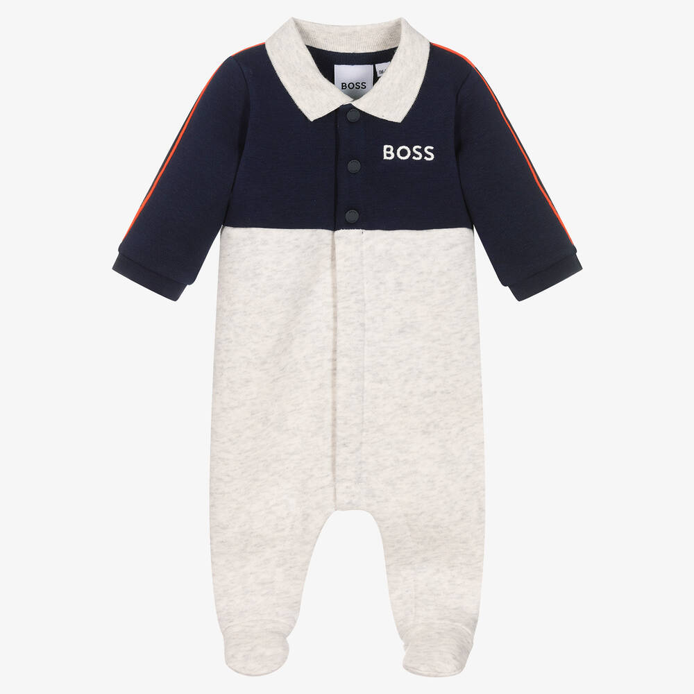 BOSS - Baby Boys Navy Blue & Grey Babygrow | Childrensalon