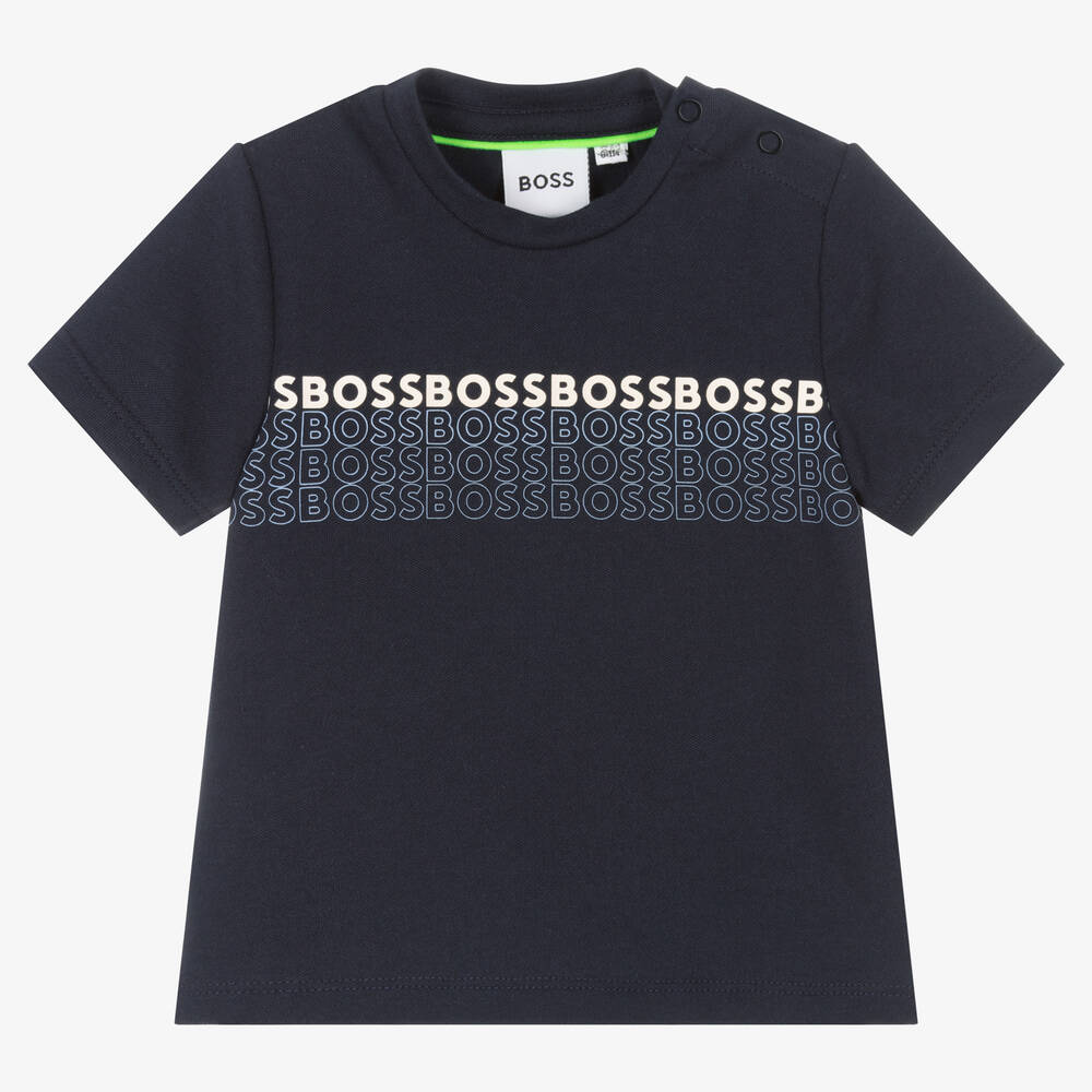 BOSS - Baby Boys Navy Blue Logo T-Shirt | Childrensalon