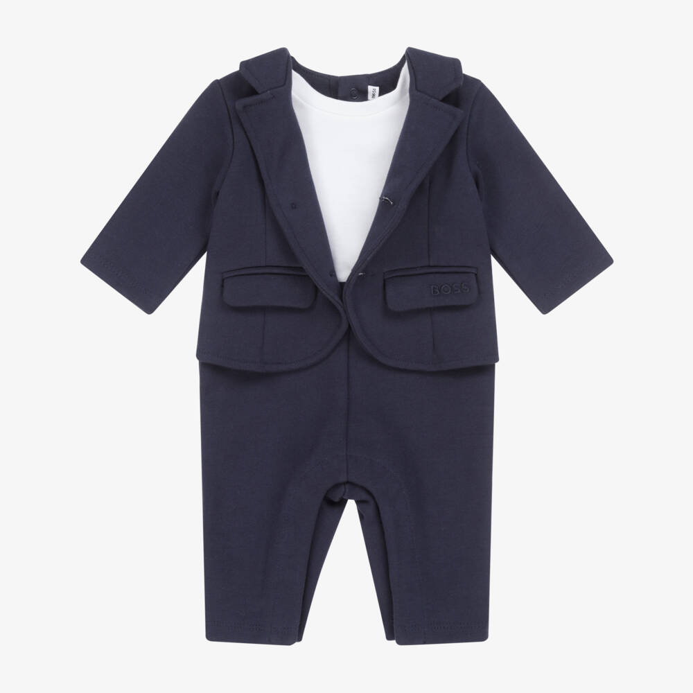 BOSS-Baby Boys Navy Blue Suit Romper | Childrensalon Outlet